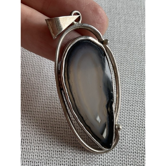 Estate Jewelry - Vintage Mexico Sterling 925 Silver Agate Gemstone Pendant ESTATE JEWELRY